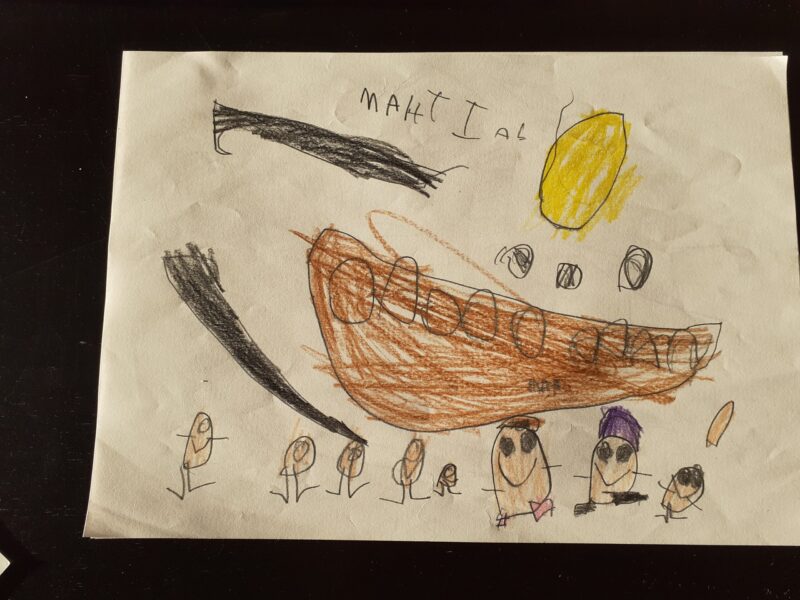 Dibujo de un niño después de jugar con varios niños, donde fueron todos piratas en un barco.