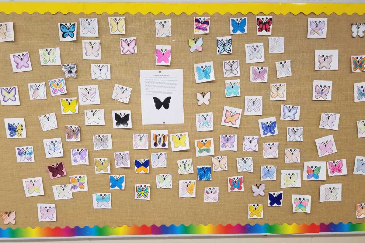 Muchos estudiantes de séptimo grado trabajaron duro en sus mariposas, combinando ELA, arte y habilidades de estudios sociales.
