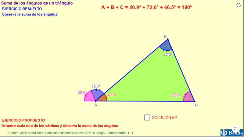 Applet de GeoGebra: Suma de los ángulos de un triángulo. https://www.geogebra.org/m/gq4vd4dd